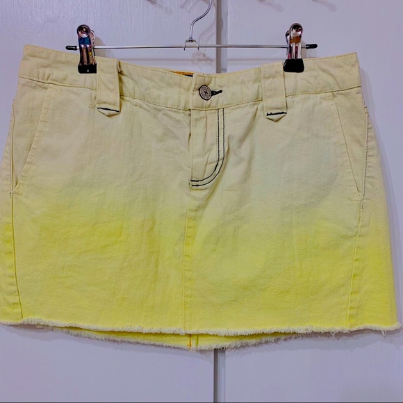 Blue Asphalt Dresses & Skirts - YELLOW TIE DYE DISTRESSED DENIM MINI SKIRT OMBRE SLANT POCKETS RAW HEM